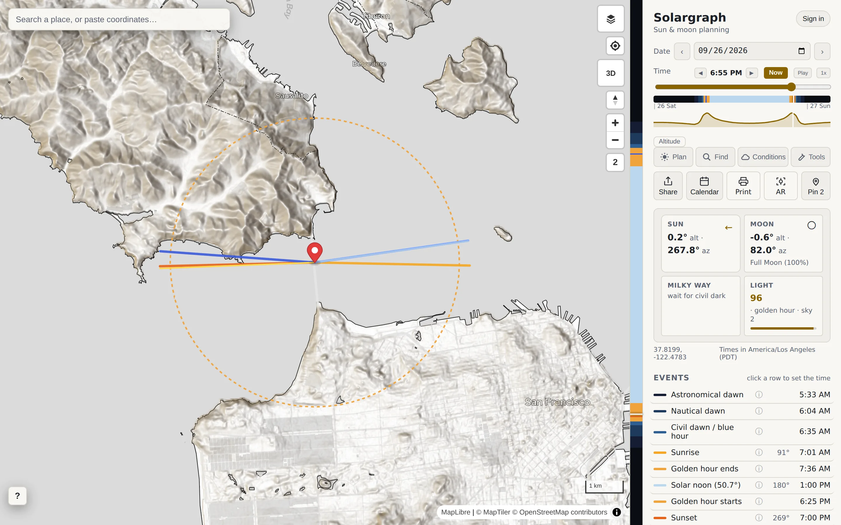 The planner: sun and moon lines over the Golden Gate at golden hour, event list and readout beside the map